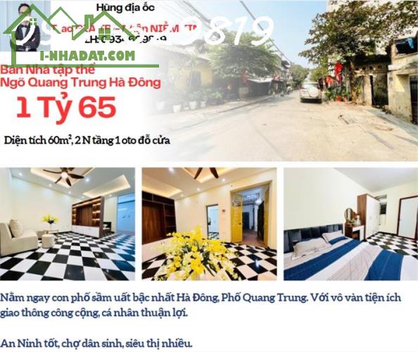 Bán nhà tập thể ngõ  Quang Trung Hà Đông Hà Nội.
Tầng 1 oto vào tận nơi