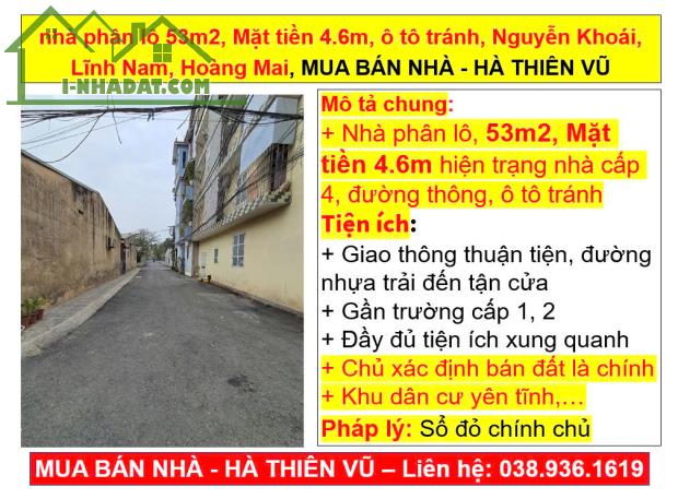 Nhà phân lô 53m2, Mặt tiền 4.6m, Nguyễn Khoái, Lĩnh Nam, Hoàng Mai, HÀ THIÊN VŨ