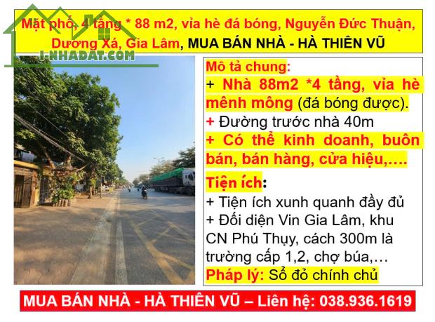 Mặt phố, 4 tầng * 88 m2, vỉa hè đá bóng, Nguyễn Đức Thuận, Dương Xá, Gia Lâm, MUA BÁN NHÀ