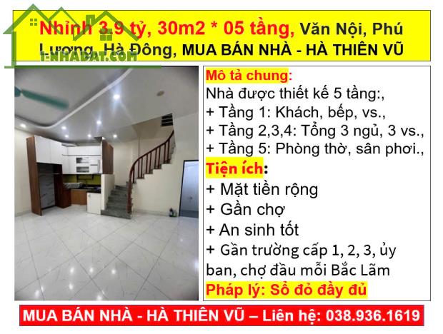 Nhỉnh 3.9 tỷ, 30m2 * 05 tầng, Văn Nội, Phú Lương, Hà Đông, MUA BÁN NHÀ - HÀ THIÊN VŨ - 3