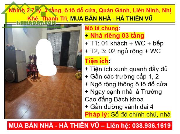 Nhỉnh 2.7 tỷ, 3 tầng, ô tô đỗ cửa, Quán Gánh, Liên Ninh, Nhị Khê, Thanh Trì, HÀ THIÊN VŨ