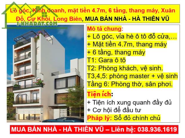 Lô góc, Kinh doanh, mặt tiền 4.7m, 6 tầng, thang máy, Xuân Đỗ, Cự Khối, Long Biên - 4