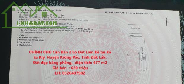 CHÍNH CHỦ Cần Bán 2 Lô Đất Liền Kề tại Xã Ea Kly, Huyện Krông Pắc, Tỉnh Đắk Lắk.