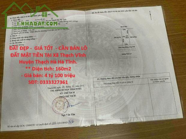 ĐẤT ĐẸP - GIÁ TỐT - CẦN BÁN LÔ ĐẤT MẶT TIỀN TẠI Xã Thạch Vĩnh Huyện Thạch Hà Hà Tĩnh.