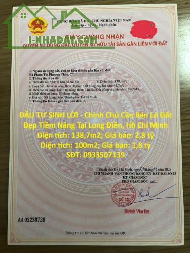 ĐẦU TƯ SINH LỜI - Chính Chủ Cần Bán Lô Đất Đẹp Tiềm Năng Tại Long Điền, Hồ Chí Minh