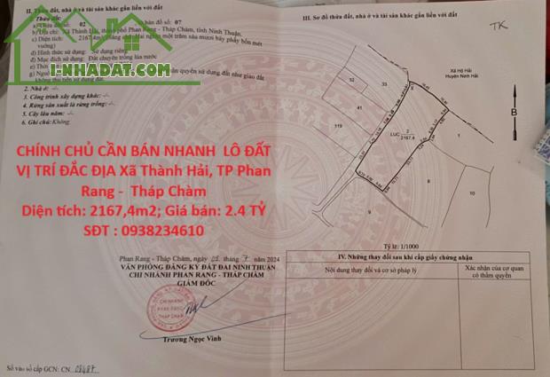 CHÍNH CHỦ CẦN BÁN NHANH  LÔ ĐẤT VỊ TRÍ ĐẮC ĐỊA  Xã Thành Hải, TP Phan Rang -  Tháp Chàm,