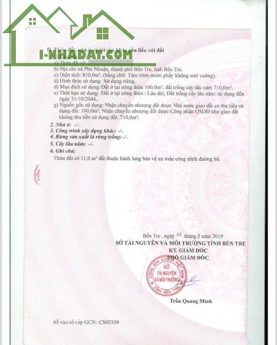 Bán đất tặng nhà cấp IV mặt tiền đường nhựa Xã Phú Nhuận,TP Bến Tre