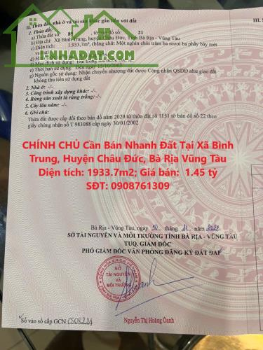 CHÍNH CHỦ Cần Bán Nhanh Đất Tại Xã Bình Trung, Huyện Châu Đức, Bà Rịa Vũng Tàu