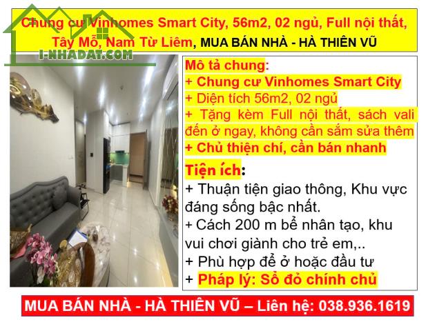 Chung cư Vinhomes Smart City, 56m2, 02 ngủ, Full nội thất, Tây Mỗ, Nam Từ Liêm, KÝ GỬI NHÀ