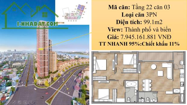 Sun Cosmo - Căn 3PN, 99.1m2 view thành phố, biển đẹp nhất dự kiến bàn giao T6/2025