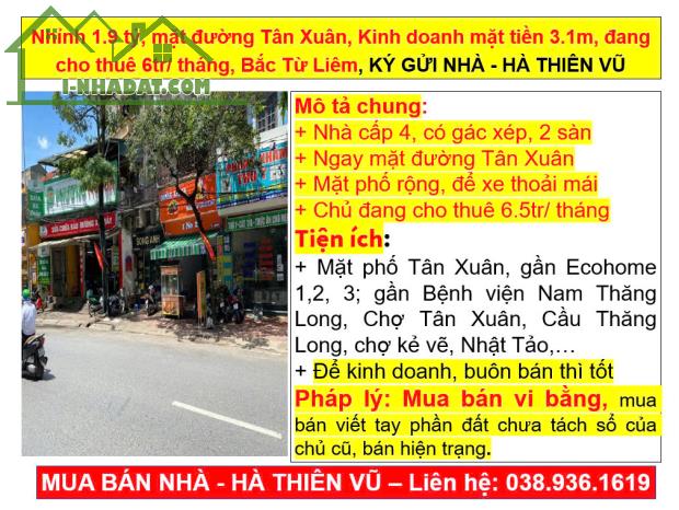 Nhỉnh 1.9 tỷ, mặt đường Tân Xuân, Kinh doanh mặt tiền 3.1m, đang cho thuê 6tr/ tháng - 4