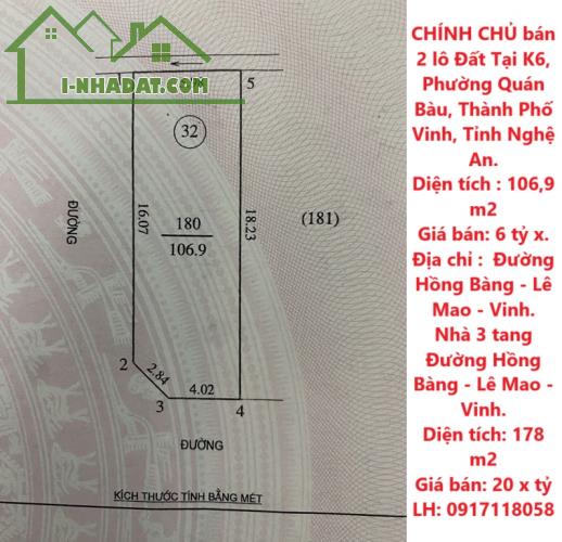 CHÍNH CHỦ bán 2 lô Đất Tại Phường Quán Bàu Và Phường Lê Mao, TP. Vinh, Nghệ An