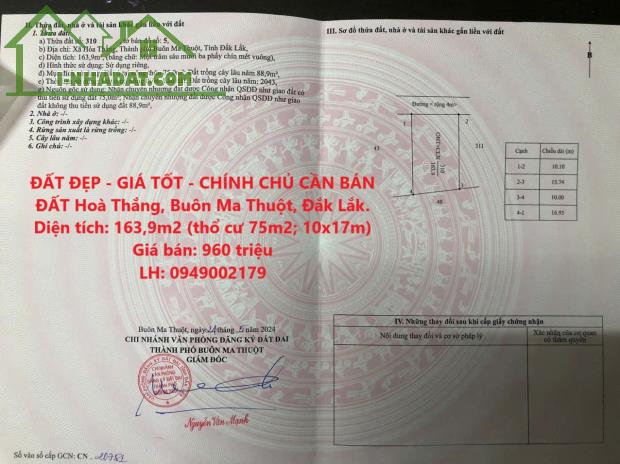 ĐẤT ĐẸP - GIÁ TỐT - CHÍNH CHỦ CẦN BÁN LÔ ĐẤT Hoà Thắng, Buôn Ma Thuột, Đắk Lắk.