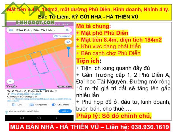 Mặt tiền 8.4m, 184m2, mặt đường Phú Diễn, Kinh doanh, Nhỉnh 4 tỷ, Bắc Từ Liêm, KÝ GỬI NHÀ