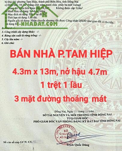 BÁN LỖ NHÀ TAM HIỆP, 1TRỆT 1LẦU MỚI ĐẸP, 3 MẶT ĐƯỜNG, SỔ HỒNG THỔ CƯ