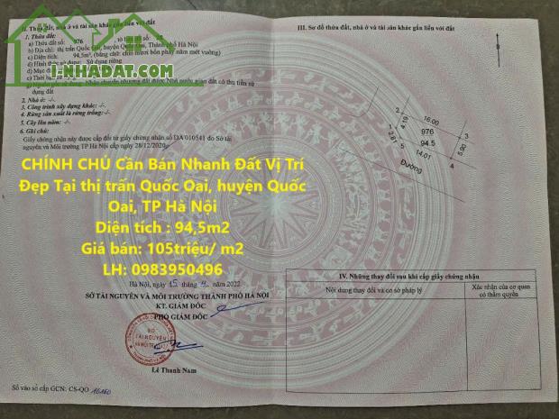 CHÍNH CHỦ Cần Bán Nhanh Đất Vị Trí Đẹp Tại huyện Quốc Oai, TP Hà Nội