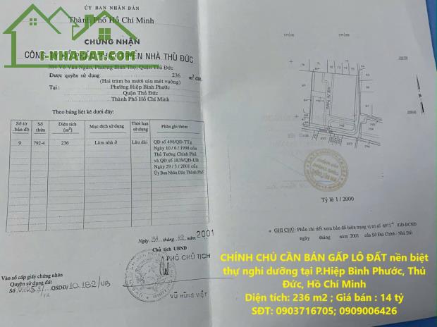 CHÍNH CHỦ CẦN BÁN GẤP LÔ ĐẤT nền biệt thự nghỉ dưỡng tại P.Hiệp Bình Phước, Thủ Đức, Hồ