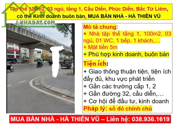 Tập thể 100m2, 03 ngủ, tầng 1, Cầu Diễn, Phúc Diễn, Bắc Từ Liêm, Kinh doanh buôn bán - 1