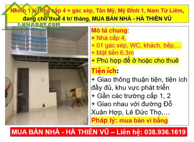 Nhỉnh 1 tỷ, nhà cấp 4 + gác xép, Tân Mỹ, Mỹ ĐÌnh 1, Nam Từ Liêm, đang cho thuê 4 tr/ tháng - 4