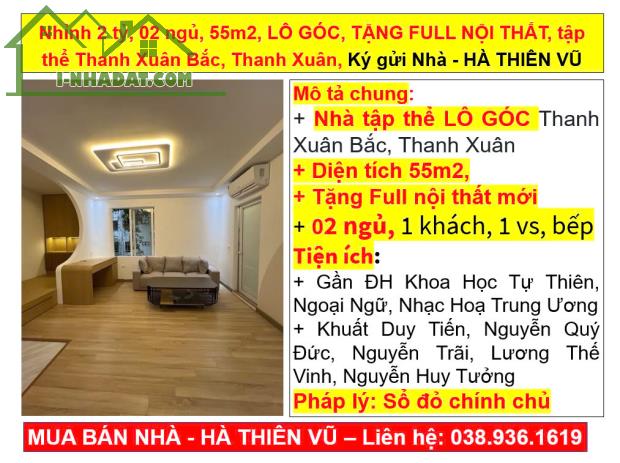 Nhỉnh 2 tỷ, 02 ngủ, 55m2, LÔ GÓC, TẶNG FULL NỘI THẤT, tập thể Thanh Xuân Bắc, Thanh Xuân