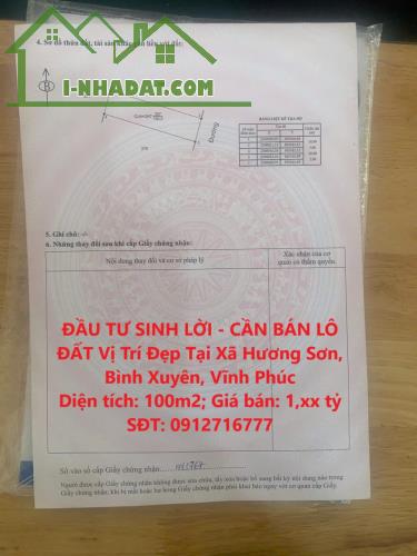 ĐẦU TƯ SINH LỜI - CẦN BÁN LÔ ĐẤT Vị Trí Đẹp Tại Xã Hương Sơn, Bình Xuyên, Vĩnh Phúc