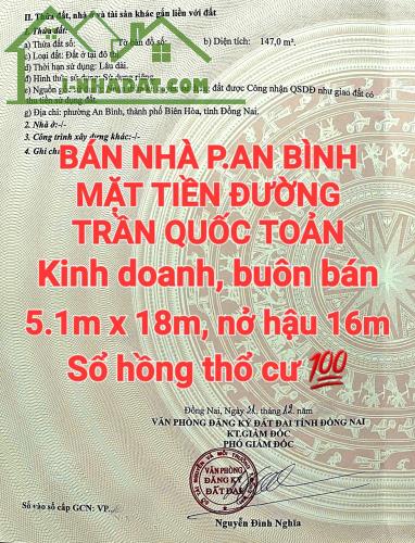 BÁN NHÀ ĐẤT AN BÌNH MẶT TIỀN ĐƯỜNG TRẦN QUỐC TOẢN BUÔN BÁN, SỔ THỔ CƯ