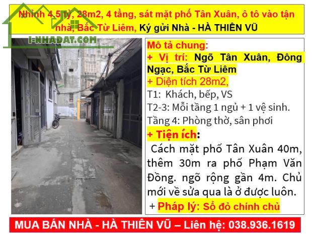 Nhỉnh 4.5 tỷ, 28m2, 4 tầng, sát mặt phố Tân Xuân, ô tô vào tận nhà, Bắc Từ Liêm, Ký gửi Nh - 5