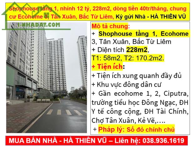 Shophouse tầng 1, nhỉnh 12 tỷ, 228m2, dòng tiền 40tr/tháng, chung cư Ecohome 3, Tân Xuân, - 5