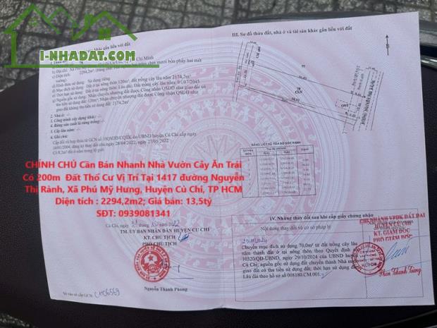 CHÍNH CHỦ Cần Bán Nhanh Nhà Vườn Cây Ăn Trái Có 200m  Đất Thổ Cư Vị Trí Tại Huyện Củ Chi