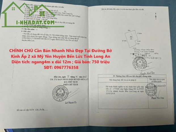 CHÍNH CHỦ Cần Bán Nhanh Nhà Đẹp Tại Đường Bờ Kinh Ấp 2 xã Mỹ Yên Huyện Bến Lức Tỉnh Long