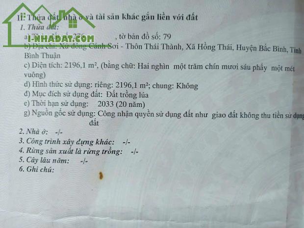 ĐẤT ĐẸP - GIÁ TỐT - CẦN BÁN NHANH  Tại Thái Thành, Hồng Thái, Bắc Bình, Bình Thuận