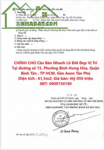 CHÍNH CHỦ Cần Bán Nhanh Lô Đất Đẹp Vị Trí Tại Quận Bình Tân, TP HCM