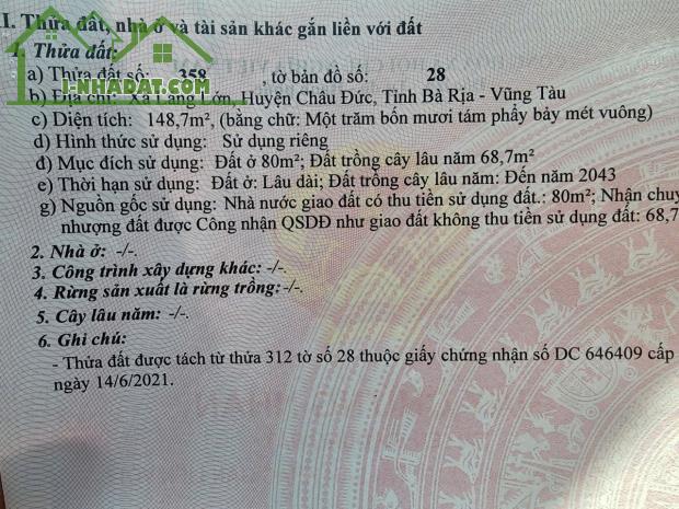 chủ bán lô đất sổ riêng 5x30m có 80m2 đất ở, mặt tiền đường nhựa gần kcn Sonadezi Châu