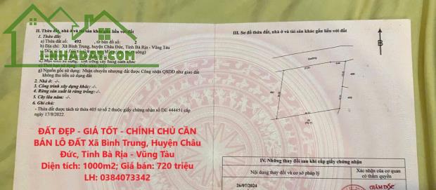 ĐẤT ĐẸP - GIÁ TỐT - CHÍNH CHỦ CẦN BÁN LÔ ĐẤT Xã Bình Trung, Huyện Châu Đức, Tỉnh Bà Rịa -