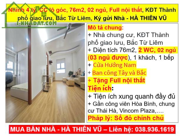 Nhỉnh 4 tỷ, CC lô góc, 76m2, 02 ngủ, Full nội thất, KĐT Thành phố giao lưu, Bắc Từ Liêm - 5