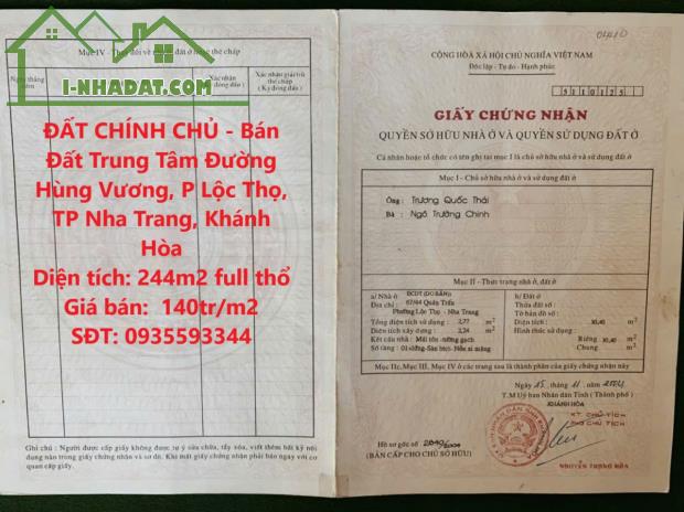 ĐẤT CHÍNH CHỦ - Bán Đất Trung Tâm Đường Hùng Vương, P Lộc Thọ, TP Nha Trang, Khánh Hòa