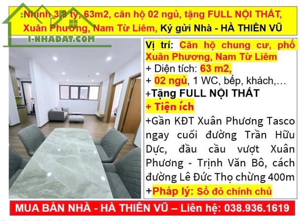 Nhỉnh 3,8 tỷ, 63m2, căn hộ 02 ngủ, tặng FULL NỘI THẤT, Xuân Phương, Nam Từ Liêm, Ký gửi Nh - 5