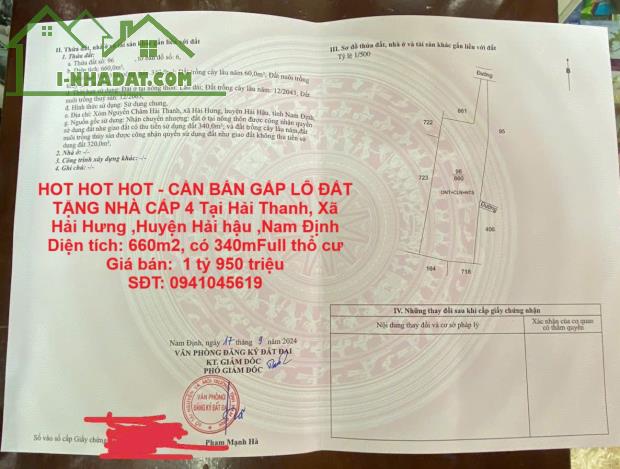 HOT HOT HOT - CẦN BÁN GẤP LÔ ĐẤT TẶNG NHÀ CẤP 4 Tại Hải Thanh, Xã Hải Hưng ,Huyện Hải hậu