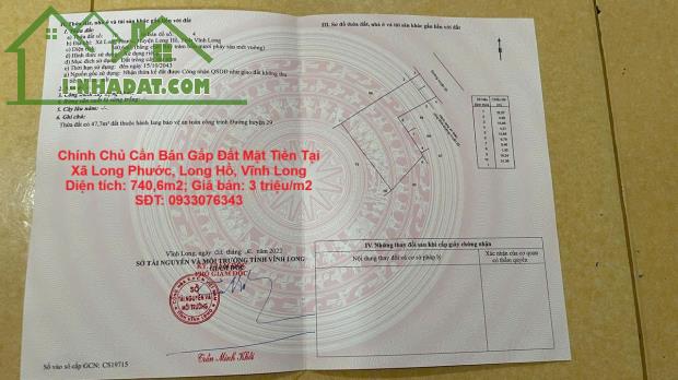 Chính Chủ Cần Bán Gấp Đất Mặt Tiền Tại Xã Long Phước, Long Hồ, Vĩnh Long