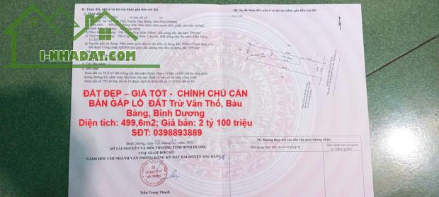 ĐẤT ĐẸP – GIÁ TỐT -  CHÍNH CHỦ CẦN BÁN GẤP LÔ  ĐẤT Trừ Văn Thố, Bàu Bàng, Bình Dương
