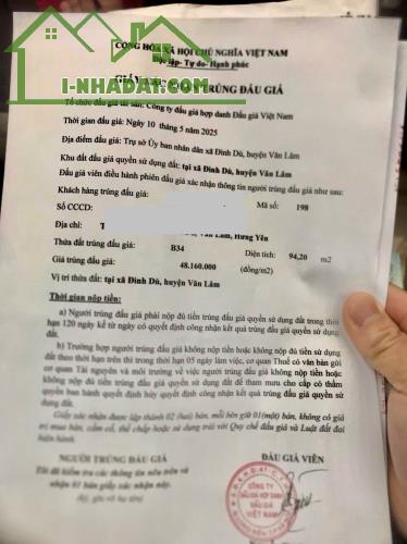 Đấu giá đình dù - văn lâm - hưng yên (mới đấu). vị trí đẹp, giá đấu thấp, chênh nhẹ