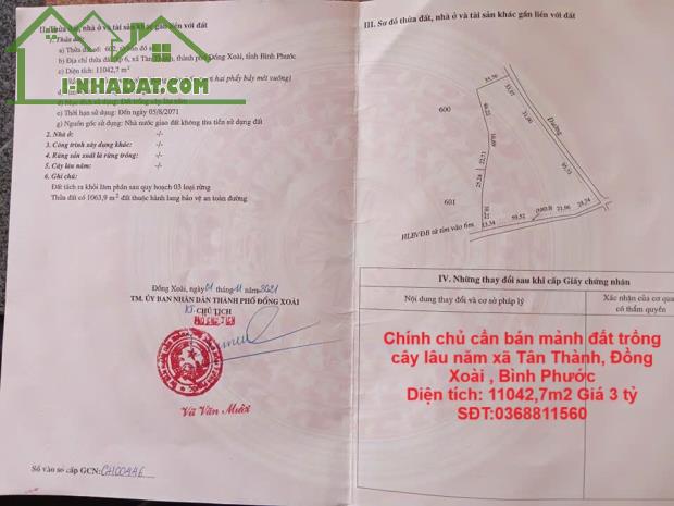 Chính chủ cần bán mảnh đất trồng cây lâu năm xã Tân Thành, Đồng Xoài , Bình Phước