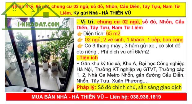 Nhỉnh 4 tỷ, 65 m2, chung cư 02 ngủ, sổ đỏ, Nhổn, Cầu Diễn, Tây Tựu, Nam Từ Liêm,Ký gửi Nha - 5