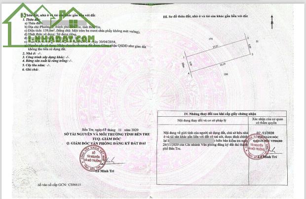 Cần bán gấp lô đất 139m2 P7,TP Bến Tre 450 triệu