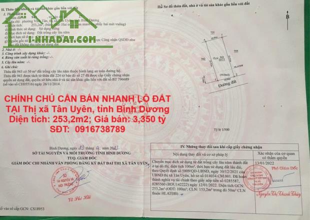 CHÍNH CHỦ CẦN BÁN NHANH LÔ ĐẤT  TẠI Thị xã Tân Uyên, tỉnh Bình Dương