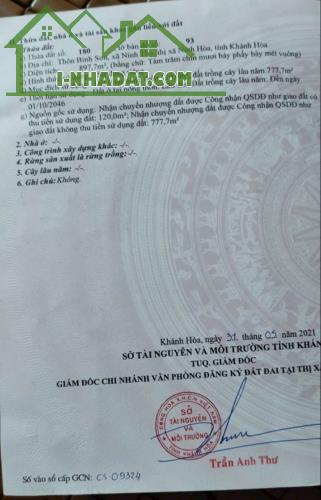 Bán lô đất Bình Sơn - Ninh Thọ - Ninh Hoà dt 897m2 Giá : 3tỷ lh e Trinh - 1