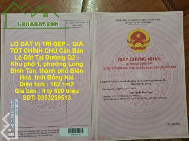 LÔ ĐẤT VỊ TRÍ ĐẸP -  GIÁ TỐT CHÍNH CHỦ Cần Bán Lô Đất Tại Tp Biên Hòa, tỉnh Đồng Nai