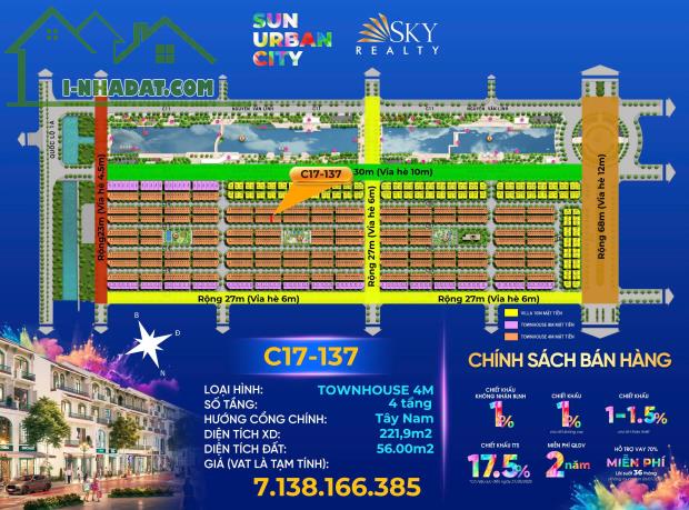 Liền kề siêu vip C17 KDT Sun Urban city, chỉ từ 2,2 tỷ ngân hàng hỗ trợ 70%, ân hạn 36 - 2
