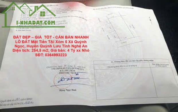 ĐẤT ĐẸP – GIÁ  TỐT - CẦN BÁN NHANH LÔ ĐẤT Mặt Tiền TẠI Xóm 5 Xã Quỳnh Ngọc, Huyện Quỳnh