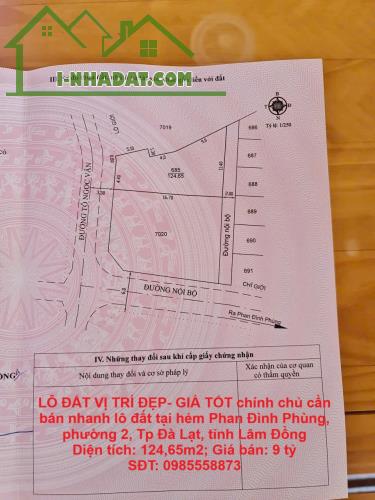LÔ ĐẤT VỊ TRÍ ĐẸP- GIÁ TỐT chính chủ cần bán nhanh lô đất tại Tp Đà Lạt, tỉnh Lâm Đồng